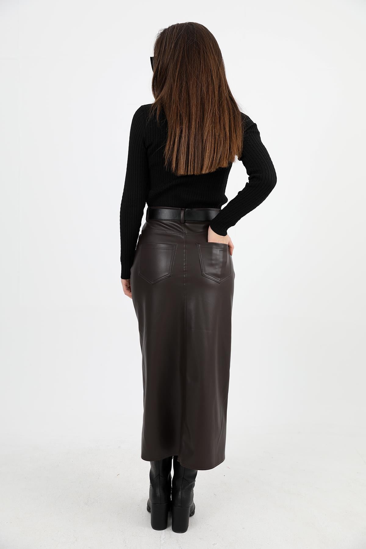 Women's Long Leather Skirt with Front Slit - Brown - STREETMODE ™