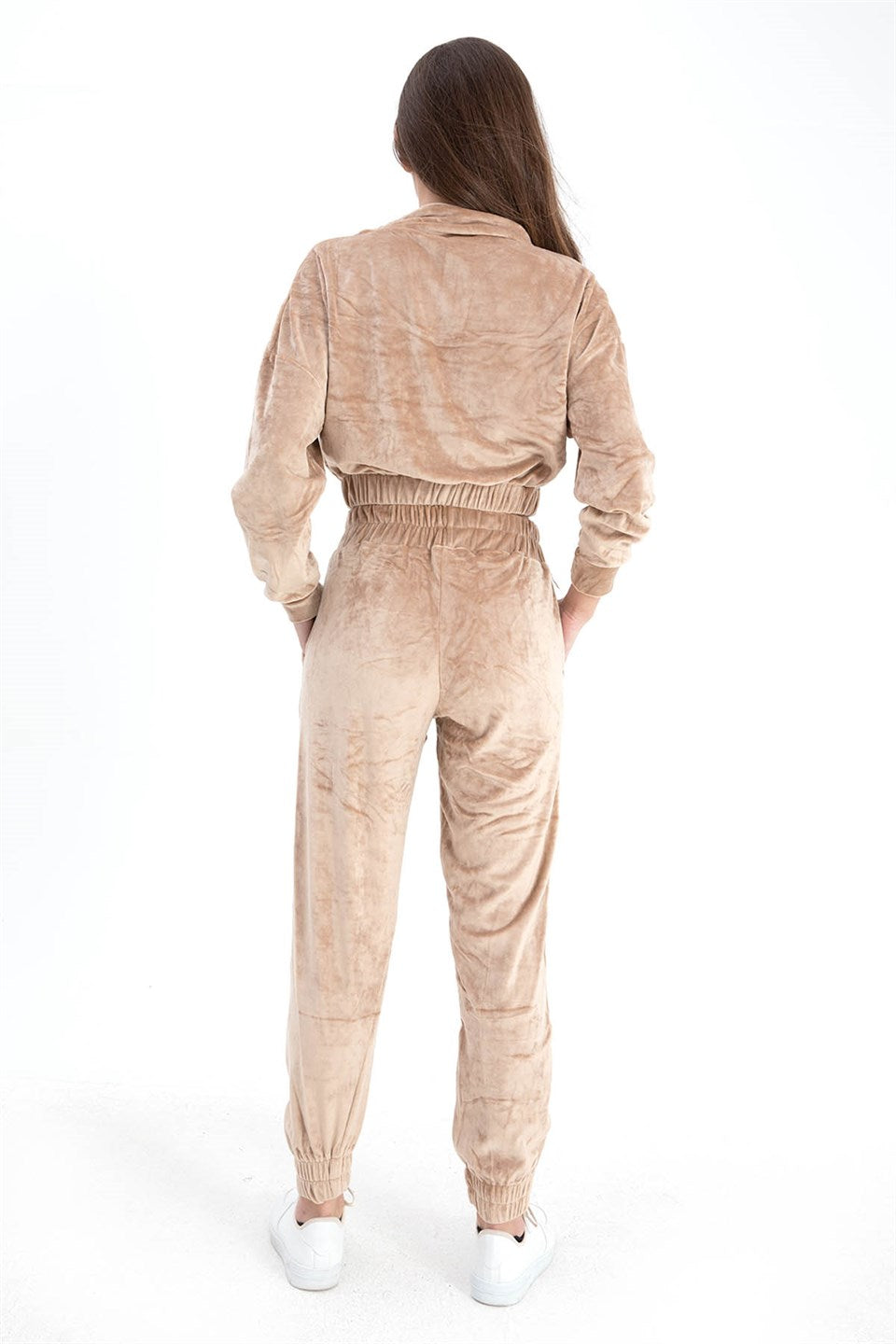 Women's Zippered Velvet Tracksuit Suit - Beige - STREETMODE ™