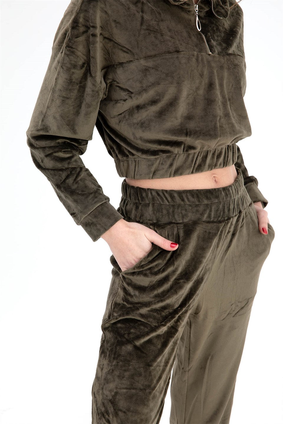 Women's Zippered Velvet Tracksuit Suit - Khaki - STREETMODE ™