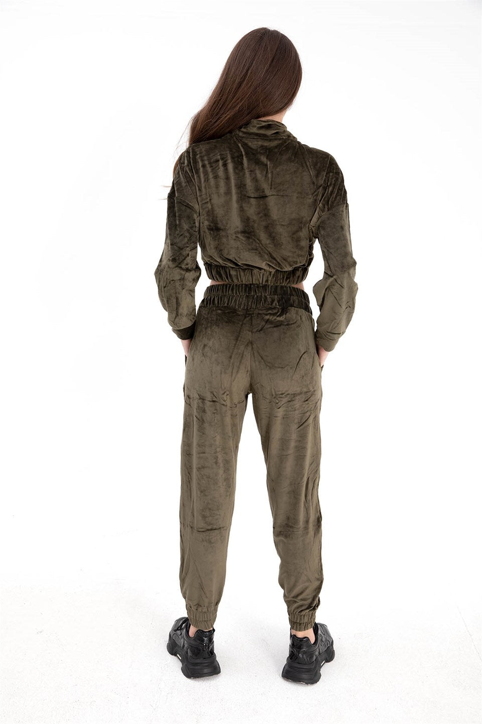 Women's Zippered Velvet Tracksuit Suit - Khaki - STREETMODE ™