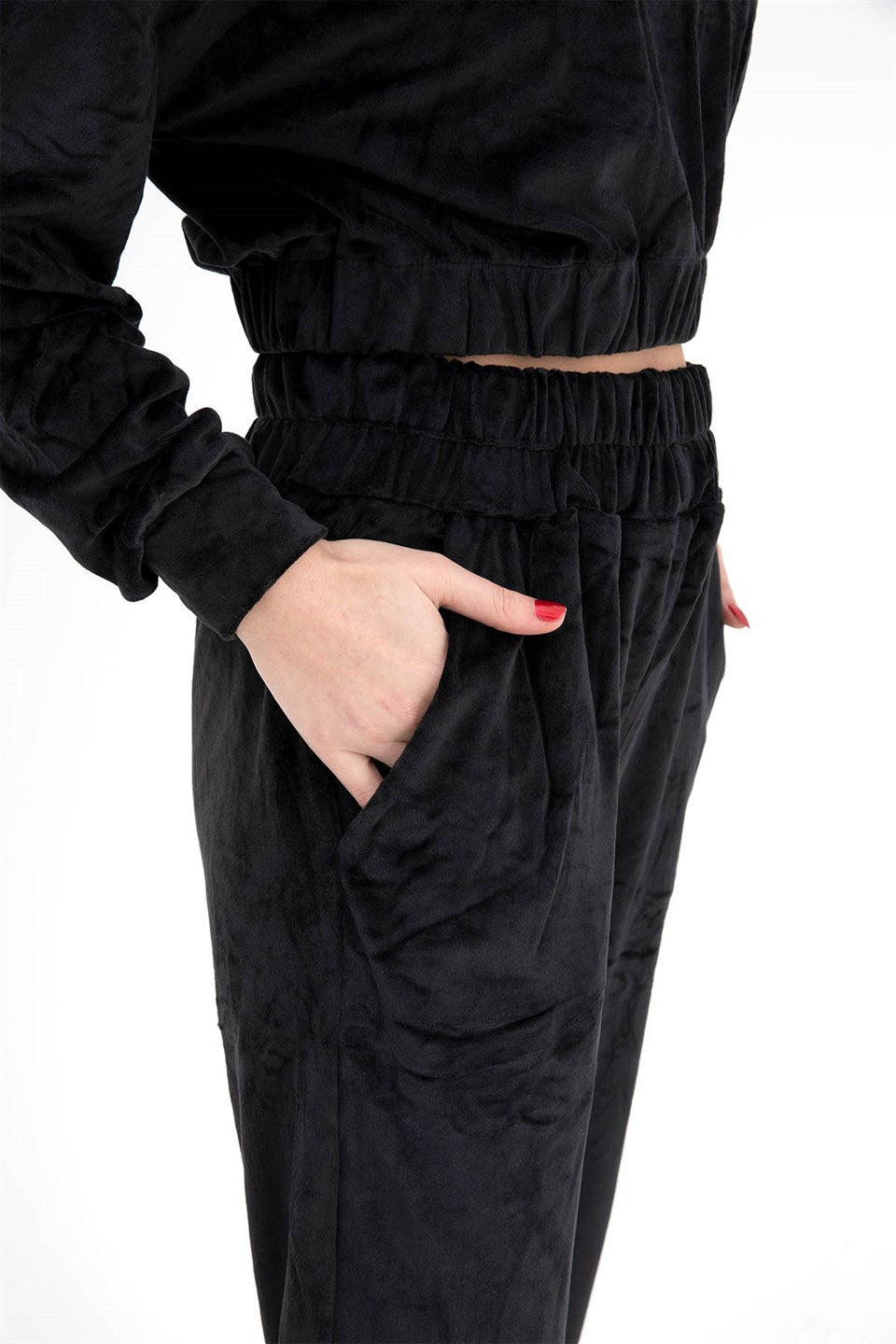 Women s Zippered Velvet Tracksuit Suit Black