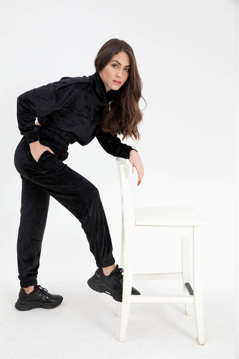 Women's Zippered Velvet Tracksuit Suit - Black - STREETMODE ™