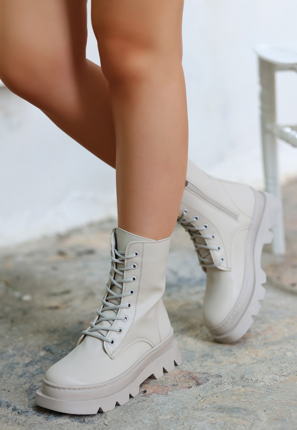 Women's Orge Beige Leather Laced Boots - STREETMODE ™