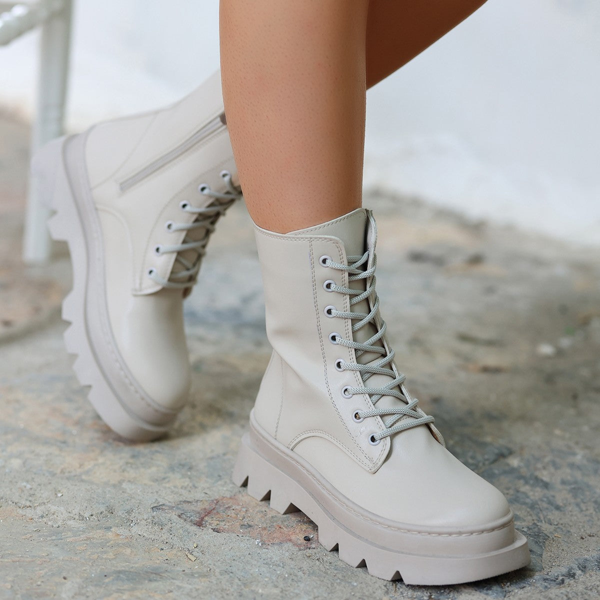 Women's Orge Beige Leather Laced Boots - STREETMODE ™