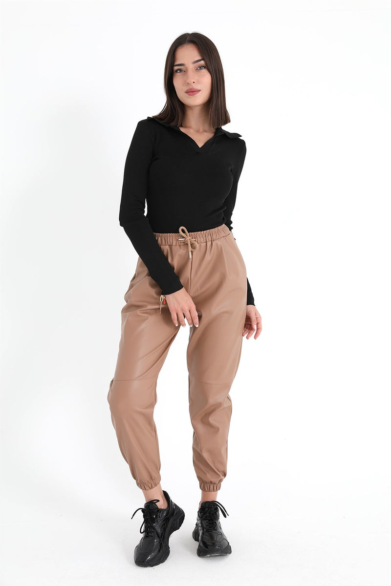 Women's Pleated Leather Pants with Elastic Waist and Elastic Legs - Camel - STREET MODE ™