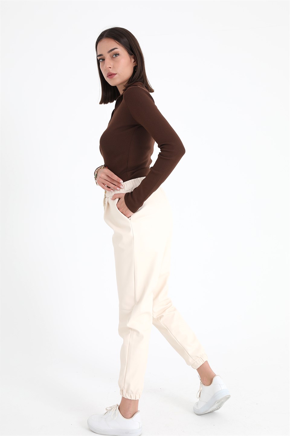 Women's Pleated Leather Pants with Elastic Waist and Legs - Ecru - STREETMODE ™