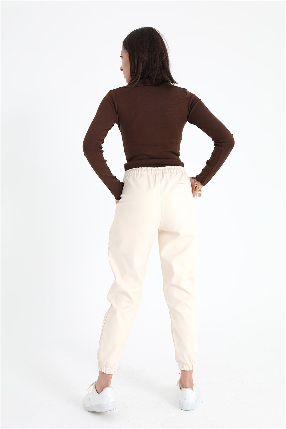 Women's Pleated Leather Pants with Elastic Waist and Legs - Ecru - STREETMODE ™