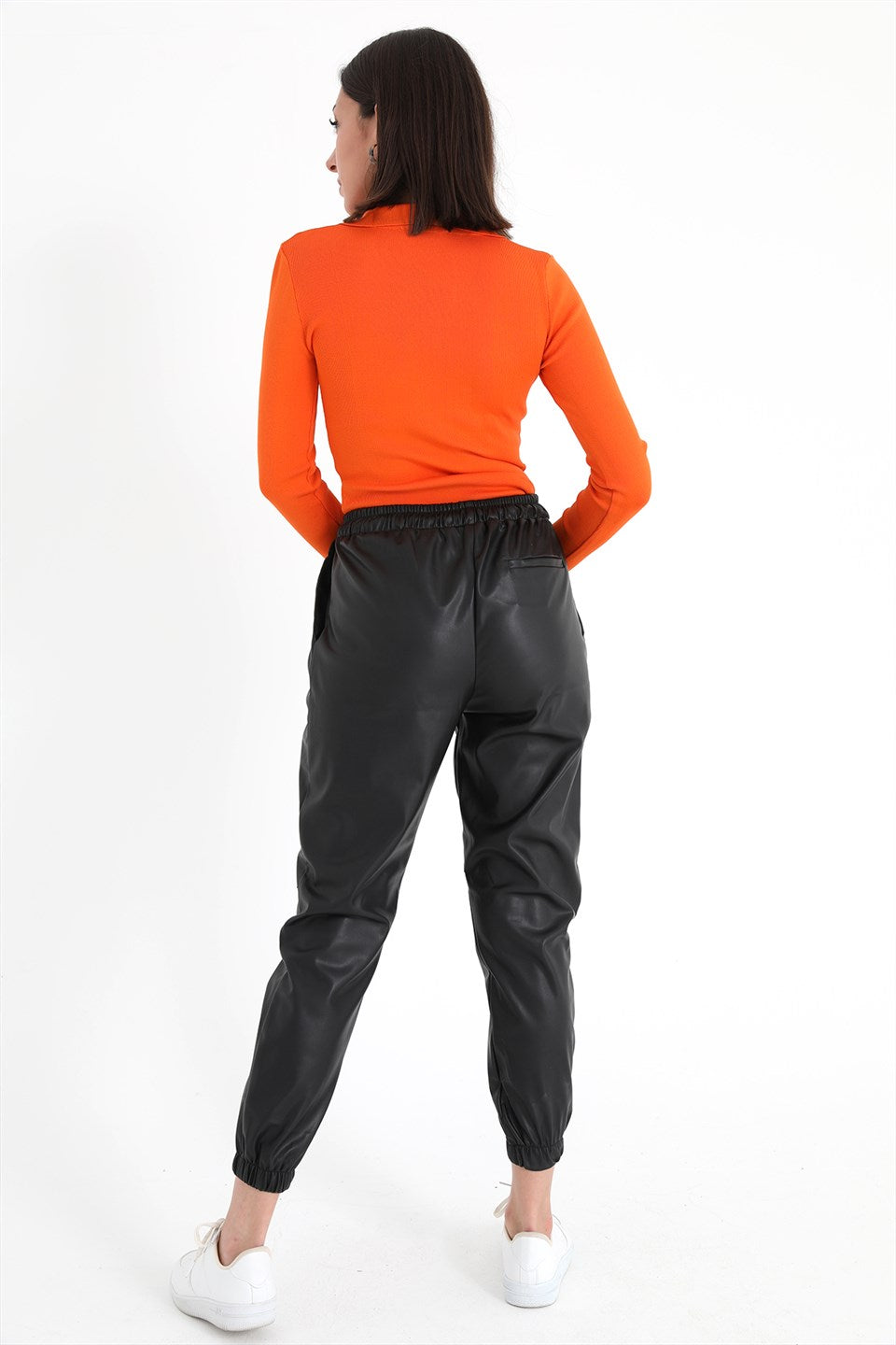 Women's Elastic Waist Pleated Pleated Leather Pants - Black - STREET MODE ™