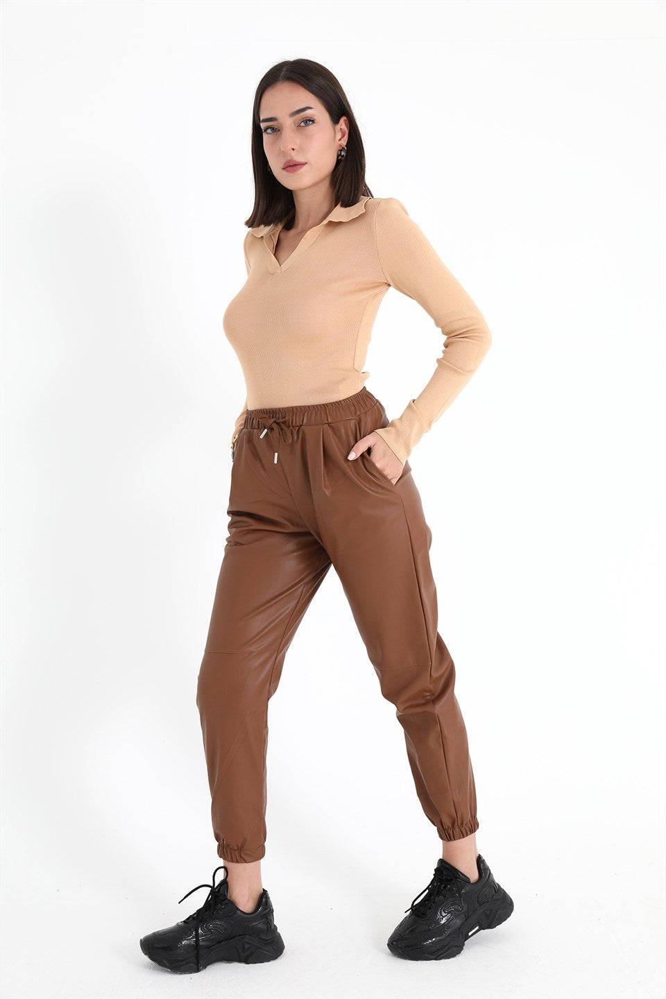Women's Pleated Leather Pants with Elastic Waist and Elastic Legs - Tan - STREETMODE ™