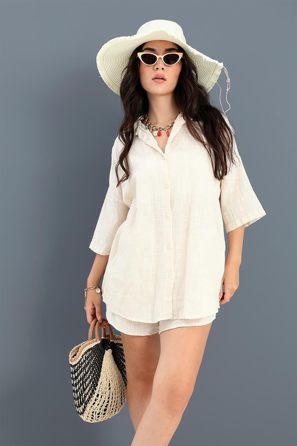 Cotton Linen Shorts Shirt Women's Double Suit - Stone - STREET MODE ™