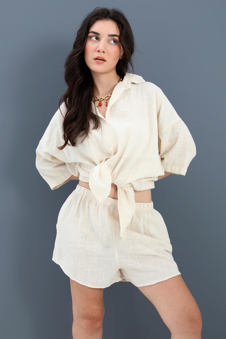 Cotton Linen Shorts Shirt Women's Double Suit - Stone - STREET MODE ™