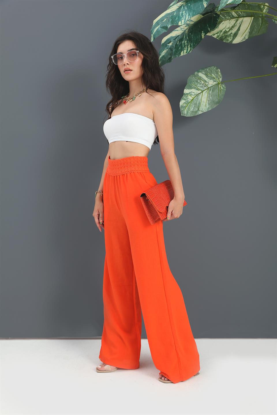 Women's Trousers Waist Knitted Wide Leg - Orange - STREET MODE ™