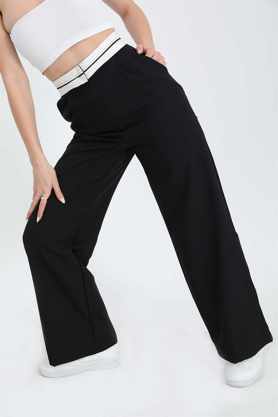 Women's Trousers Garni Belt Atlas Fabric - Black - STREETMODE ™