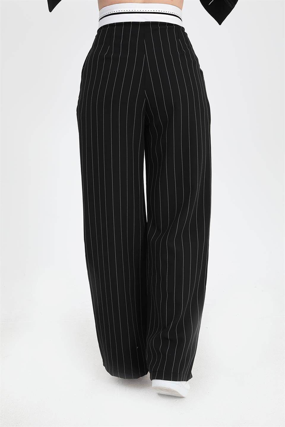 Women's Trousers Garni Belted Wide Striped - Black - STREETMODE ™