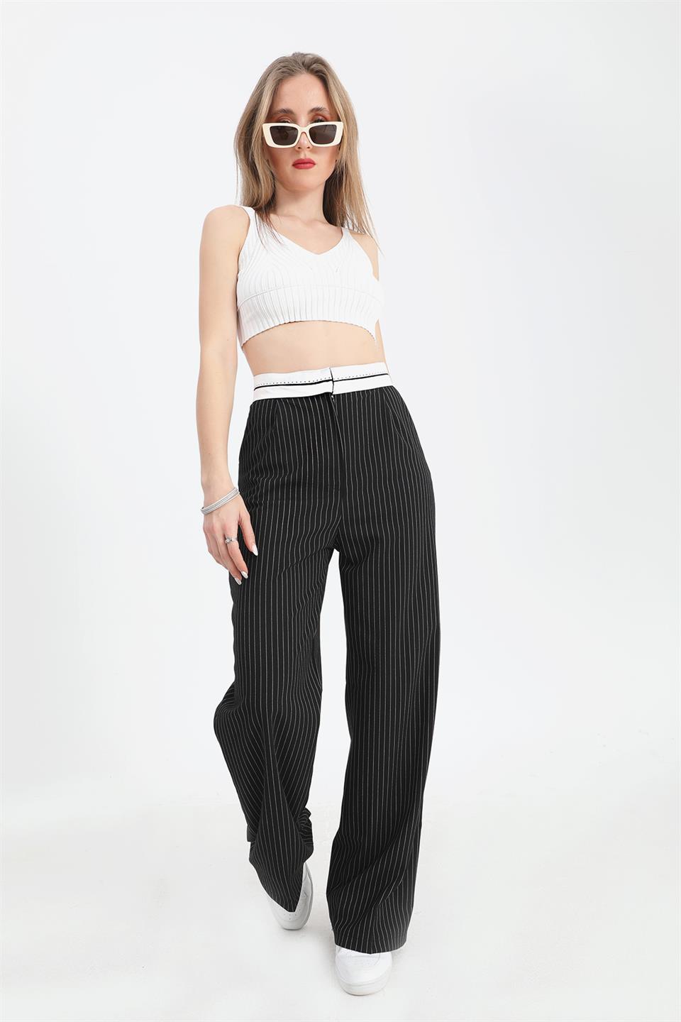 Women's Trousers Garni Belted Pinstripe - Black - STREETMODE ™