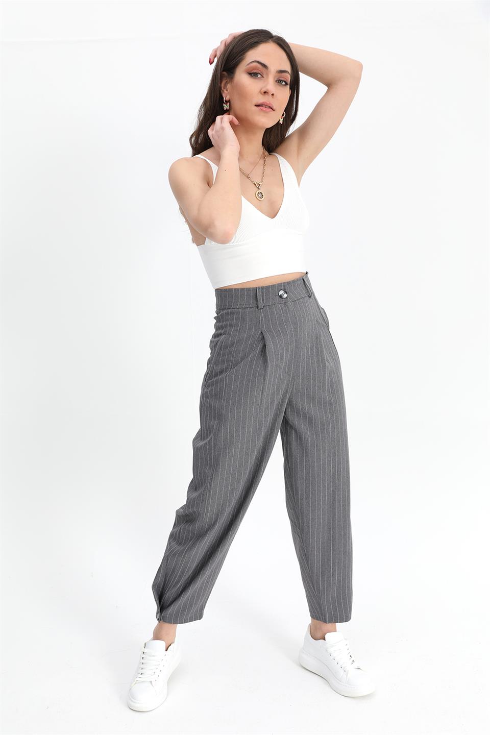 Women's Trousers Buttoned Striped High Waist - Anthracite - STREET MODE ™