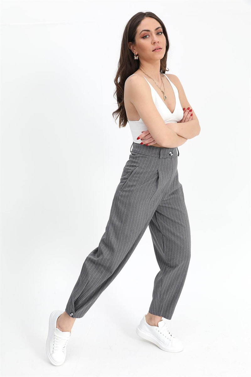 Women's Trousers Buttoned Striped High Waist - Anthracite - STREET MODE ™