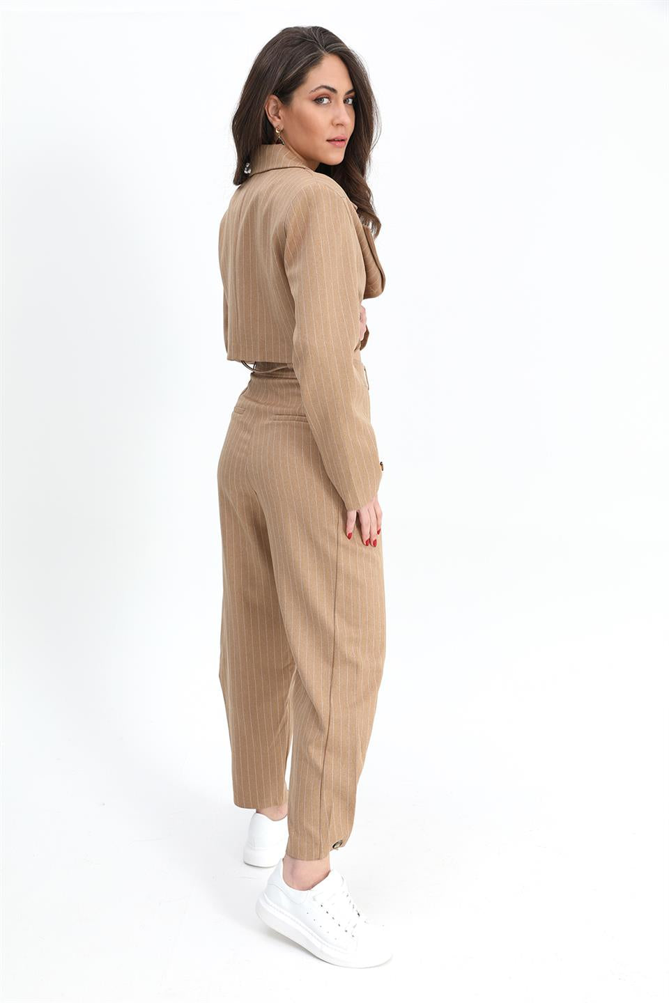 Women's Striped High Waist Trousers With Buttons - Camel - STREET MODE ™