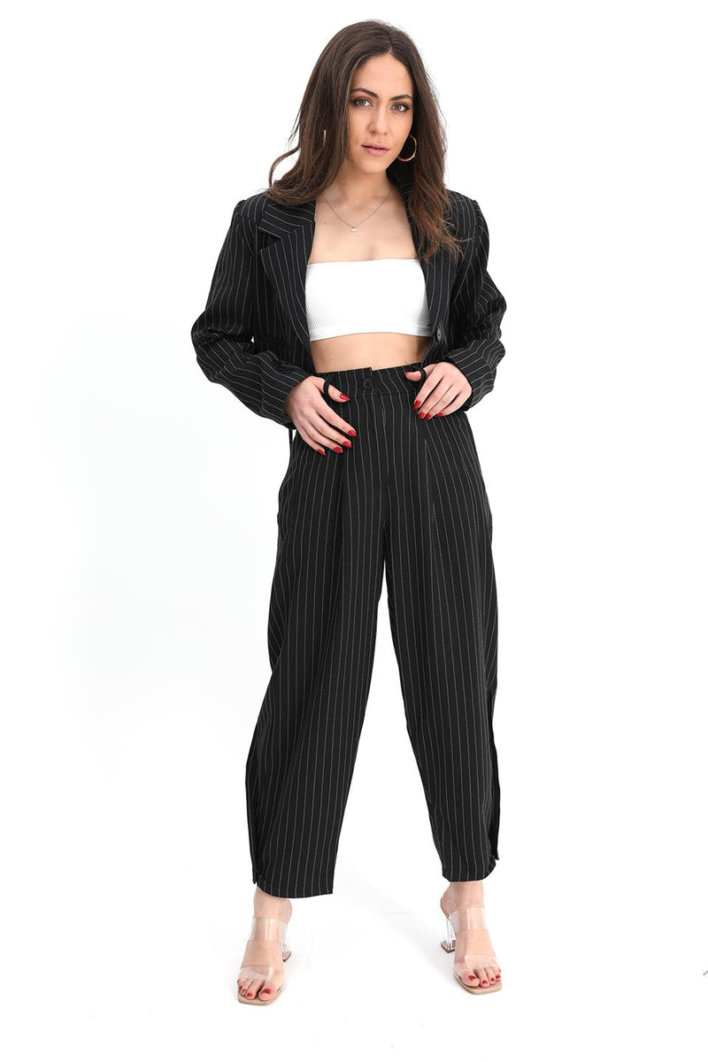 Women's Trousers Buttoned Striped High Waist - Black - STREET MODE ™