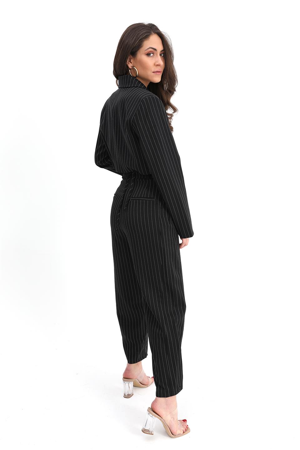 Women's Trousers Buttoned Striped High Waist - Black - STREET MODE ™