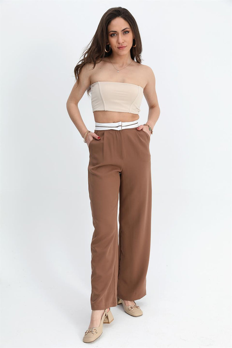 Women's Trousers Palazzo Garni Belted Atlas Fabric - Brown - STREETMODE ™