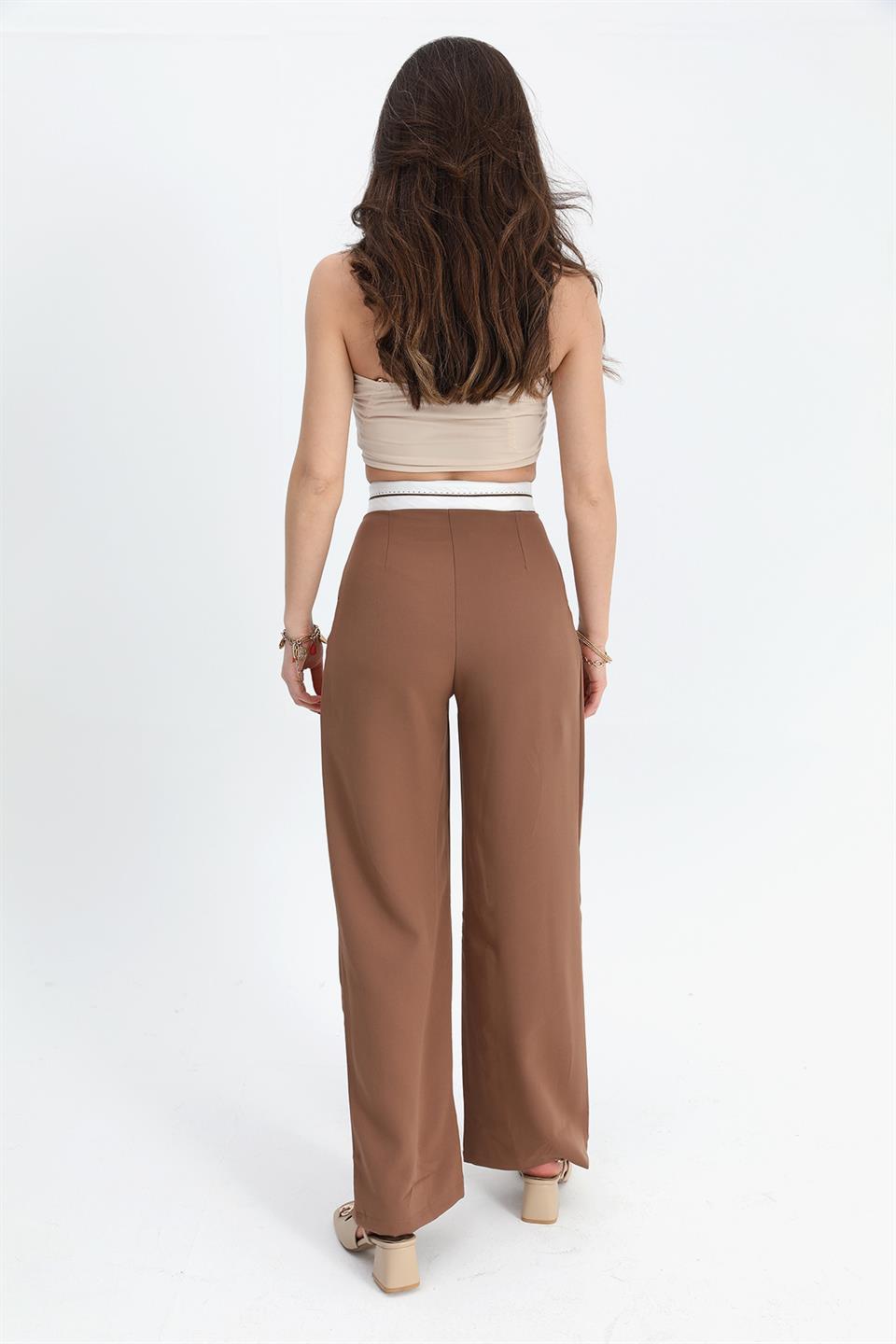 Women's Trousers Palazzo Garni Belted Atlas Fabric - Brown - STREETMODE ™