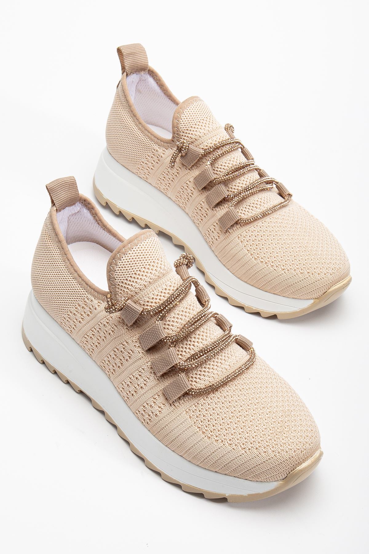 Women's Beige Knit Lace-up Stoned Comfortable Sneakers