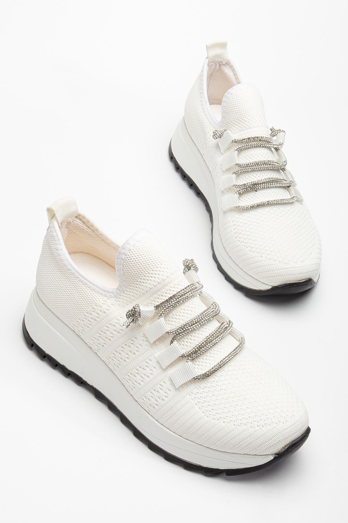 Women's White Knit Lace-up Stoned Comfortable Sneakers