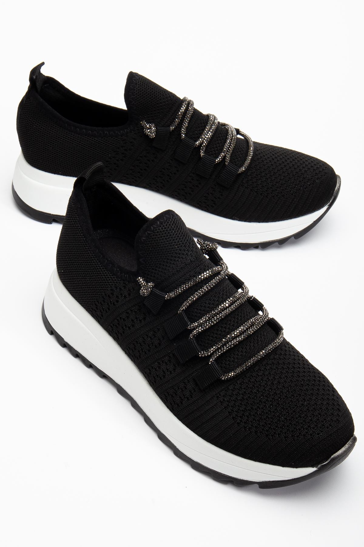 Women's Black Knit Lace-up Stoned Comfortable Sneakers