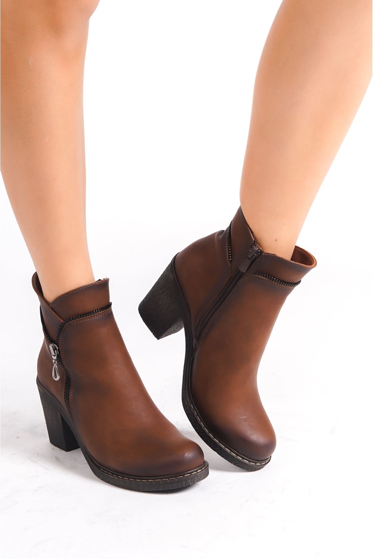 Brown Heeled Zippered Leather Women's Boots