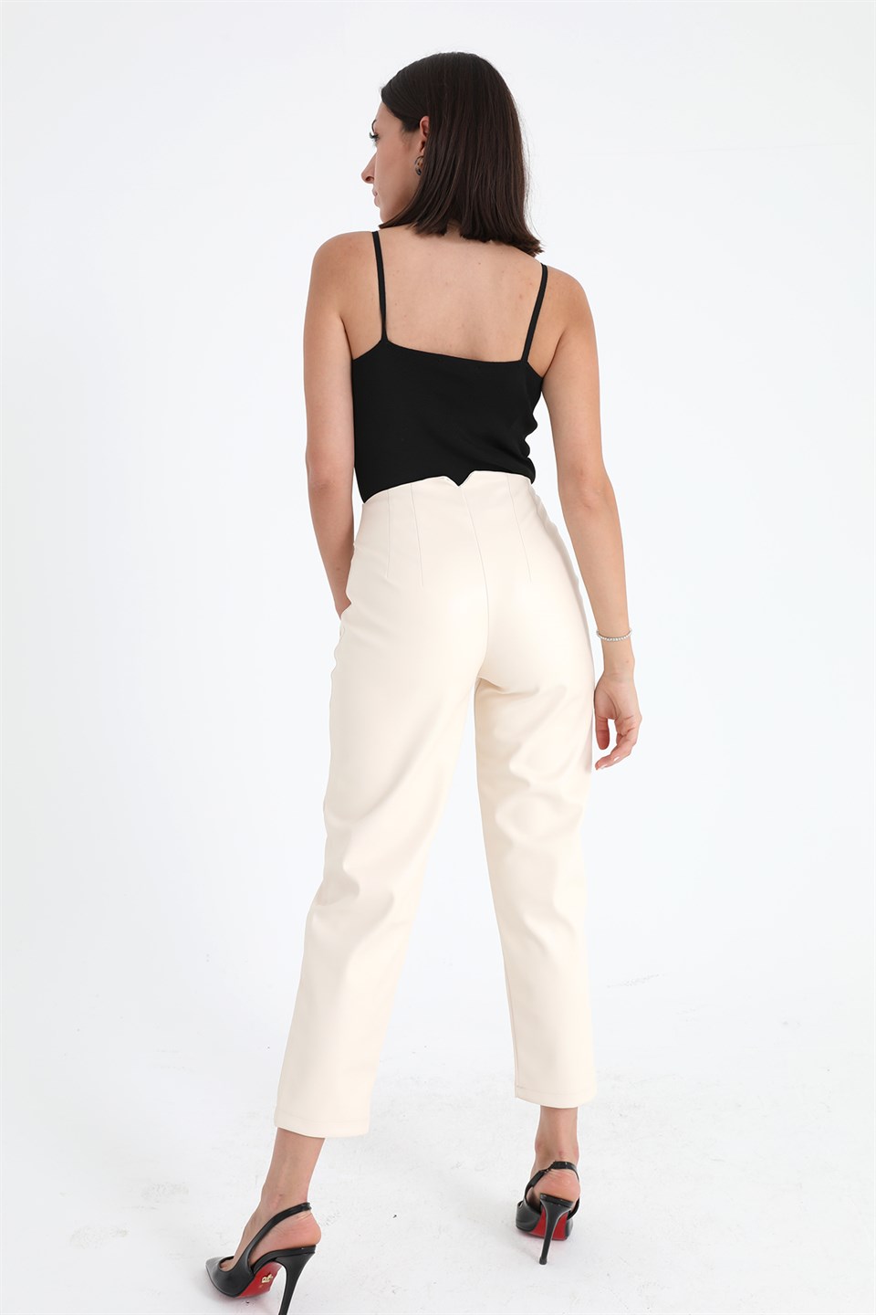 Women's High Waist Leather Pants - Ecru - STREET MODE ™