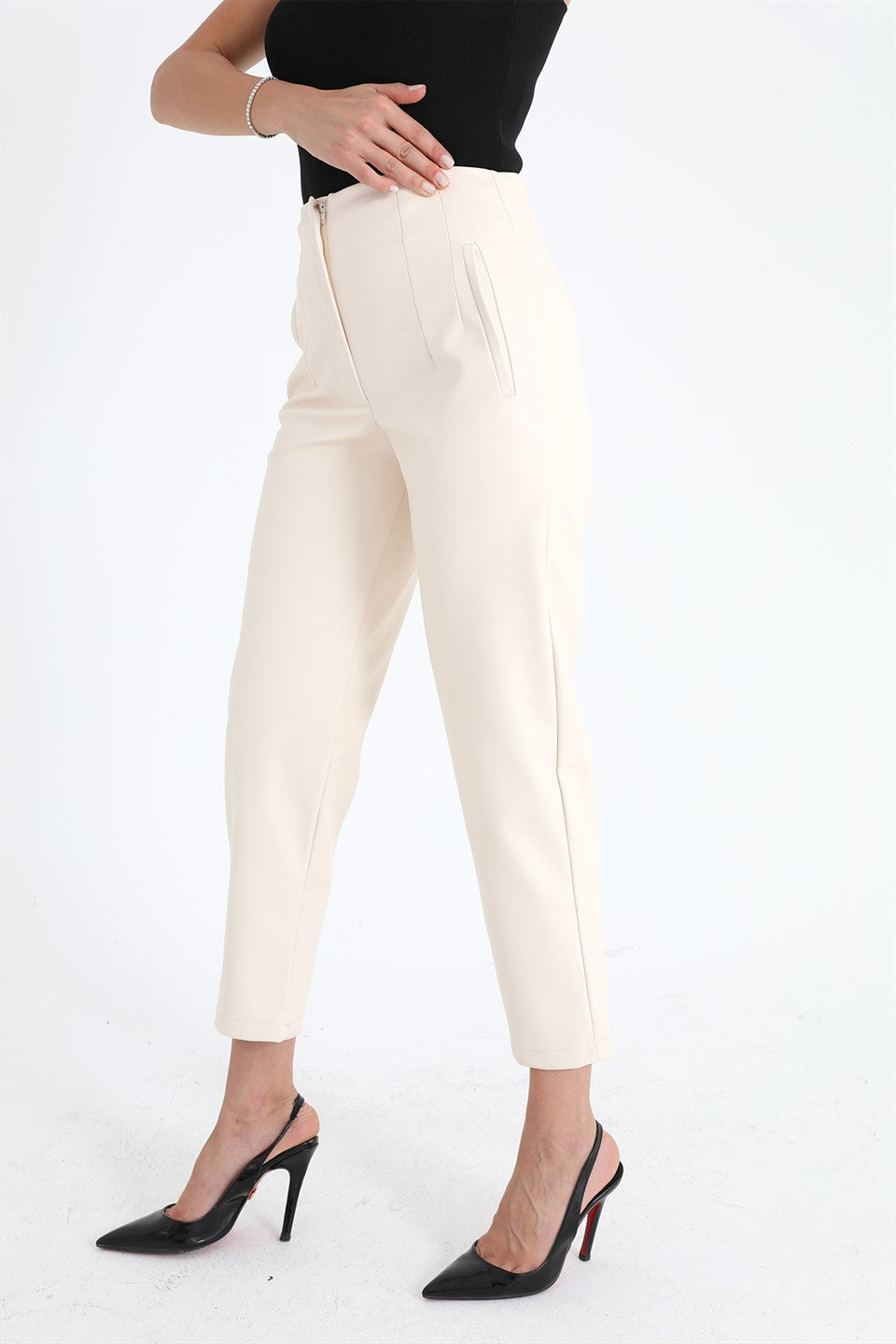 Women's High Waist Leather Pants - Ecru - STREET MODE ™