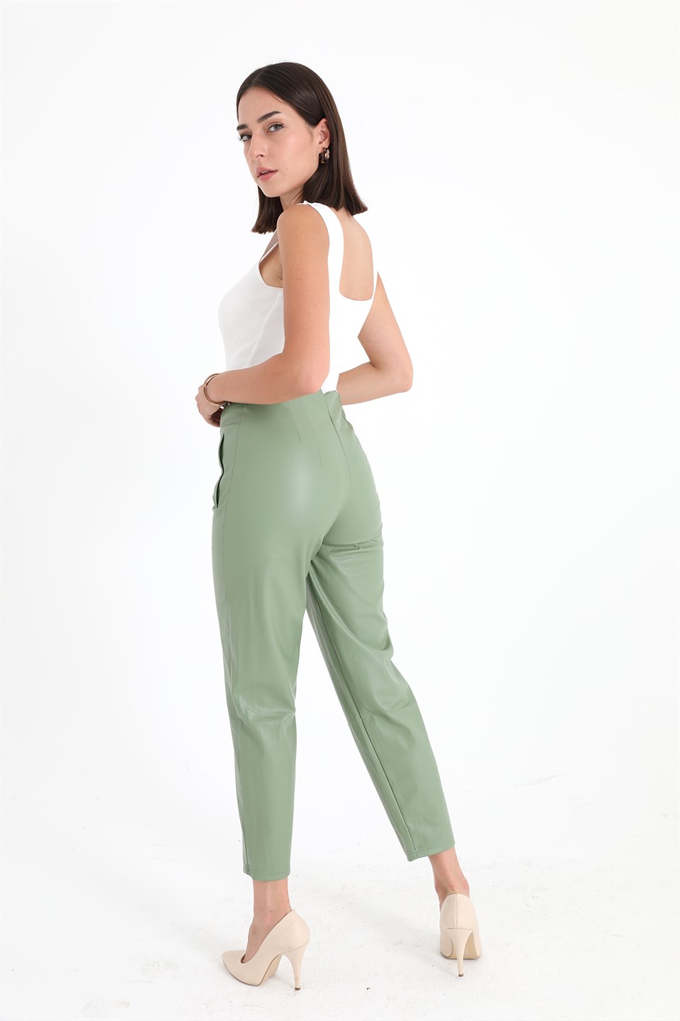 Women's Pleated High Waist Leather Trousers - Mint Green - STREET MODE ™