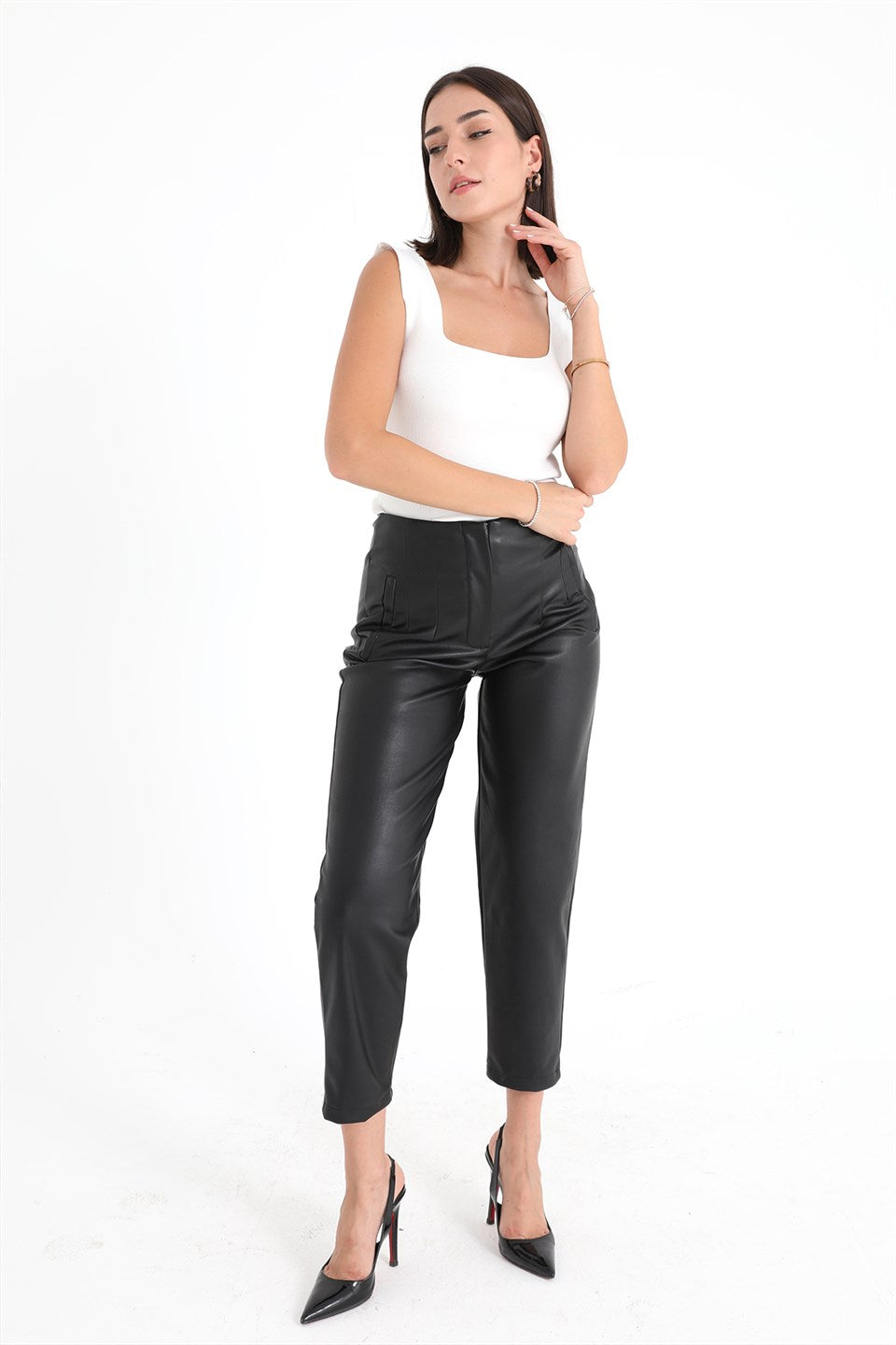 Women's High Waist Leather Pants - Black - STREET MODE ™