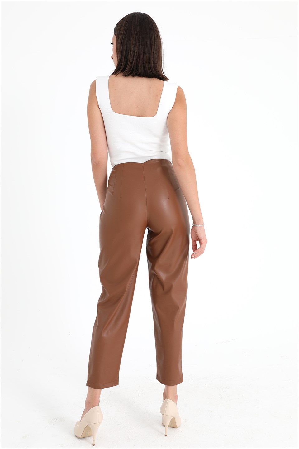 Women's Pleated High Waist Leather Trousers - Tan - STREET MODE ™