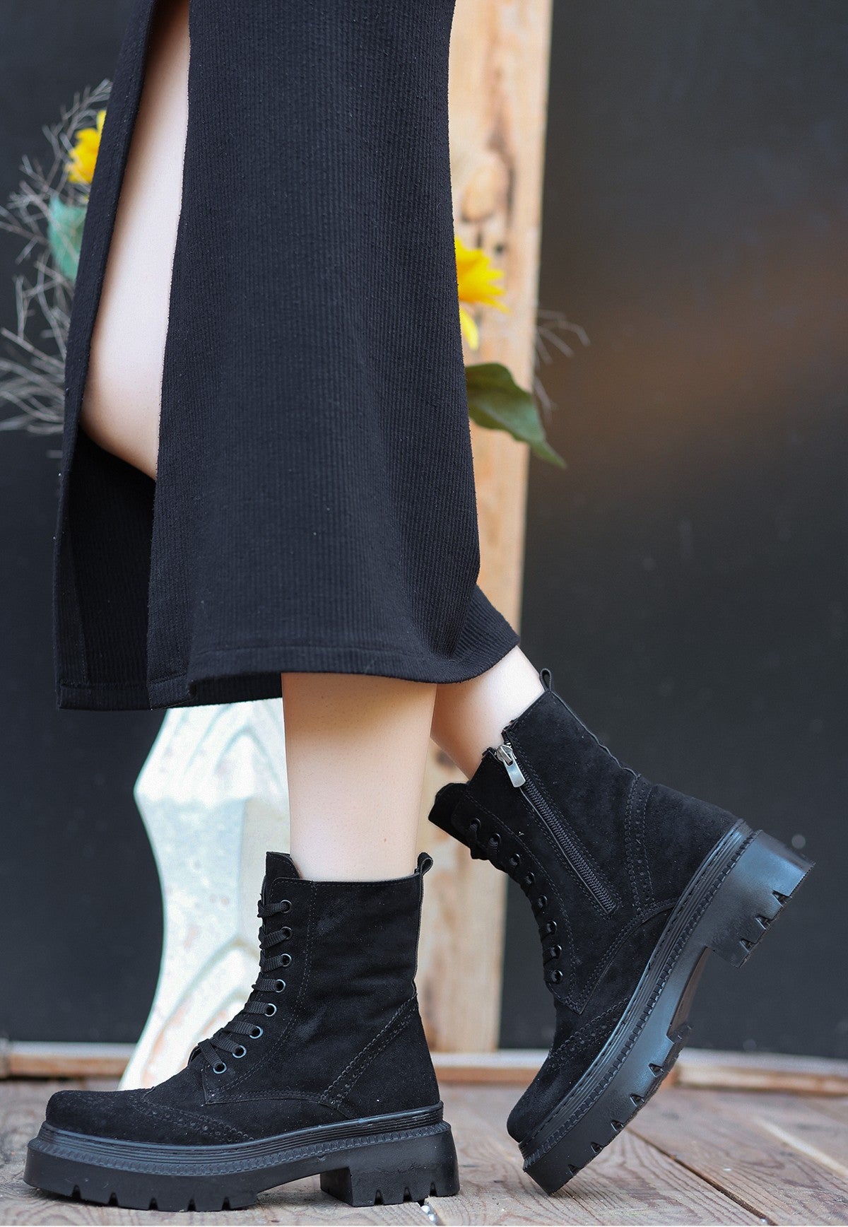 Women's Perf Black Suede Lace-Up Boots - STREETMODE ™