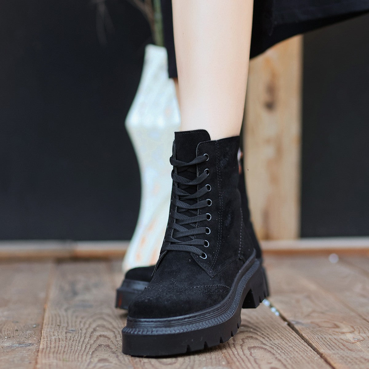 Women's Perf Black Suede Lace-Up Boots - STREETMODE ™