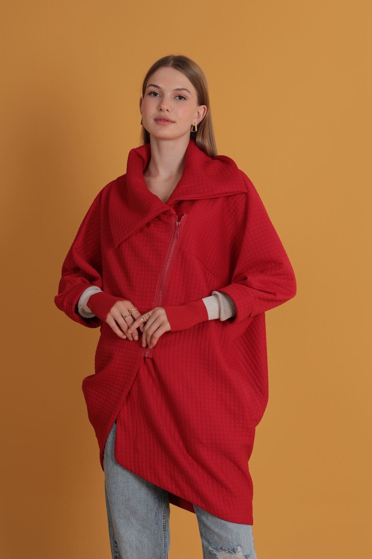 Honeycomb Fabric Sleeve Rib Detailed Women's Cardigan-Red - STREETMODE ™