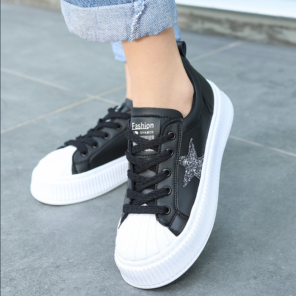 Women's Piata Black Skin White Sole Lace Up Sports Shoes - STREETMODE ™
