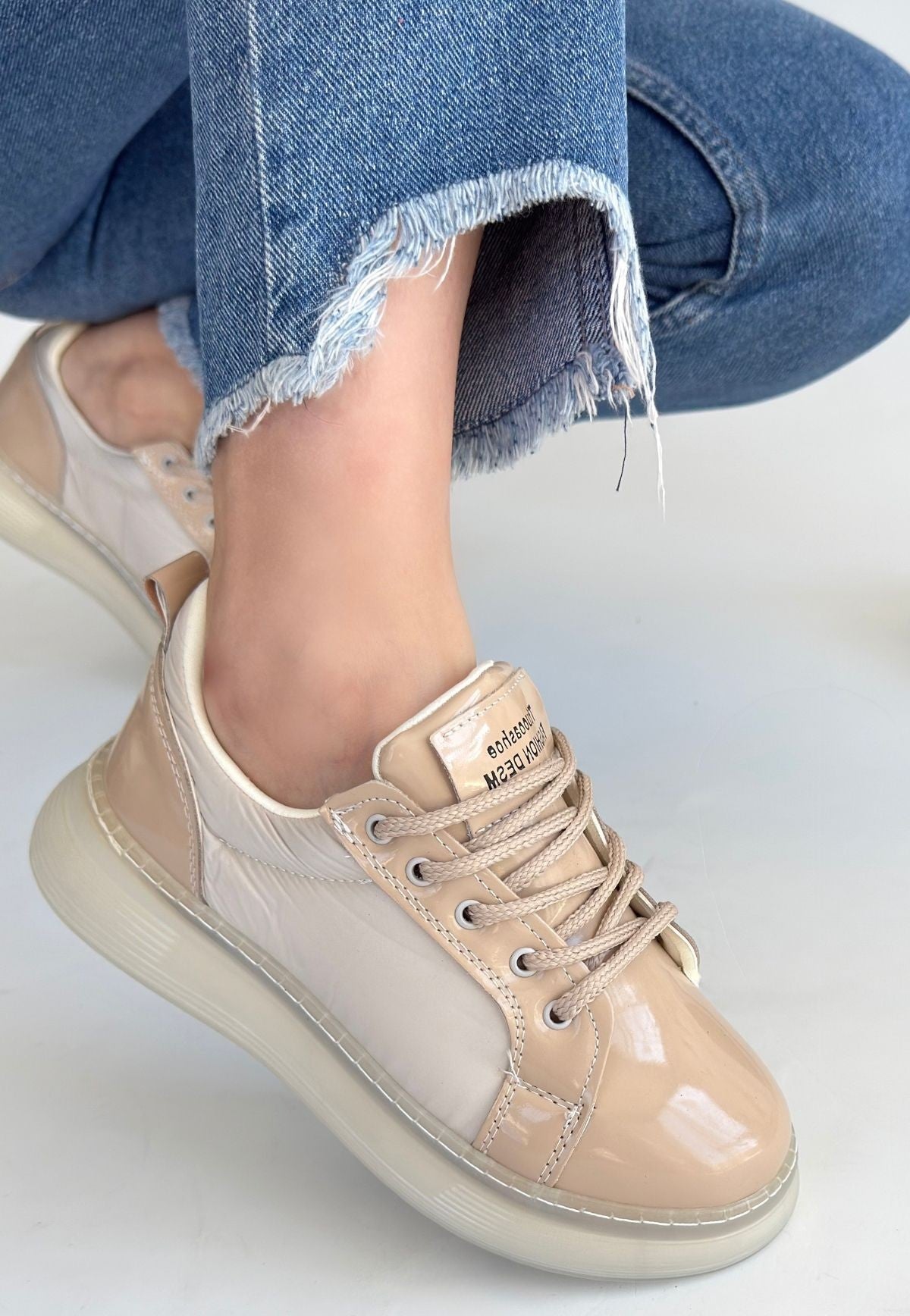 Women's Beige Patent Leather Lace-Up Sneakers - STREETMODE ™