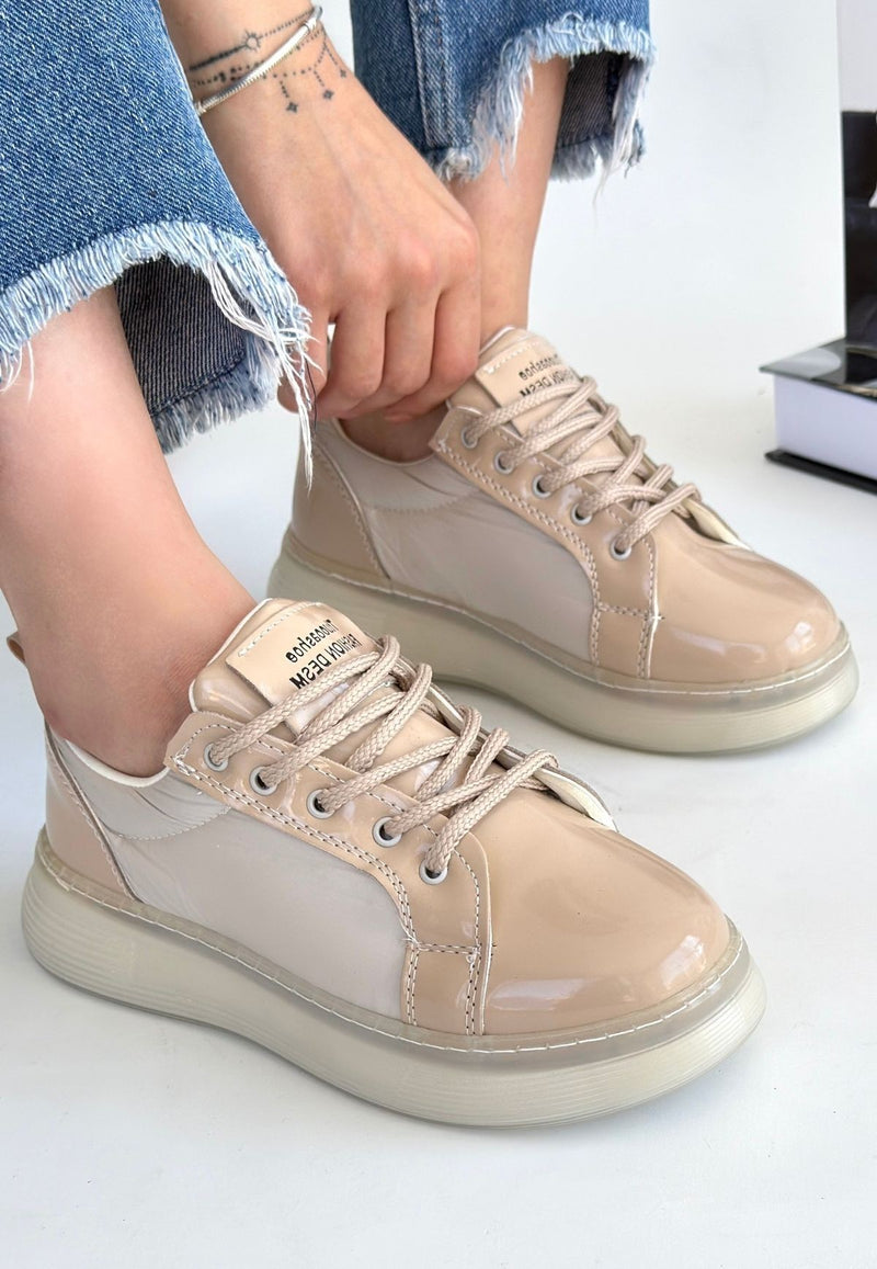 Women's Beige Patent Leather Lace-Up Sneakers - STREETMODE ™