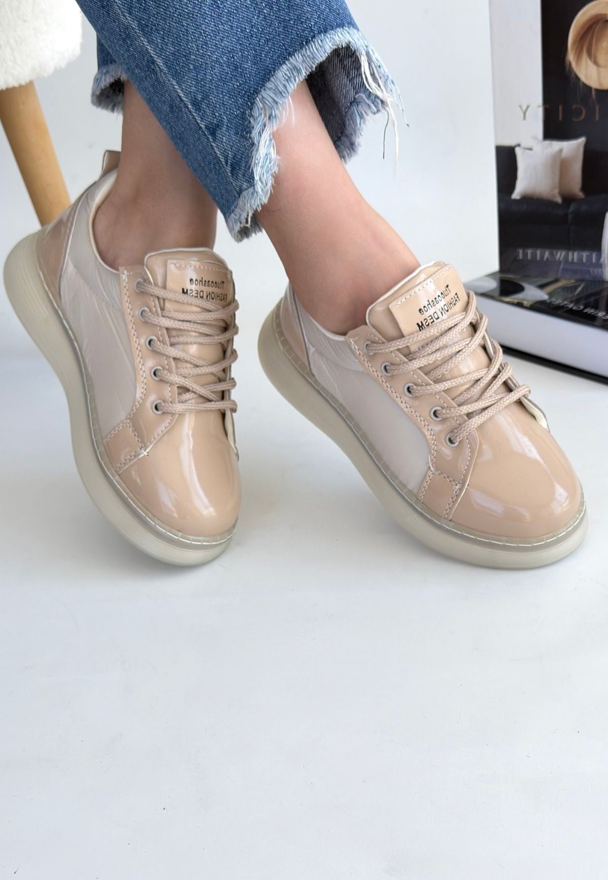 Women's Beige Patent Leather Lace-Up Sneakers - STREETMODE ™
