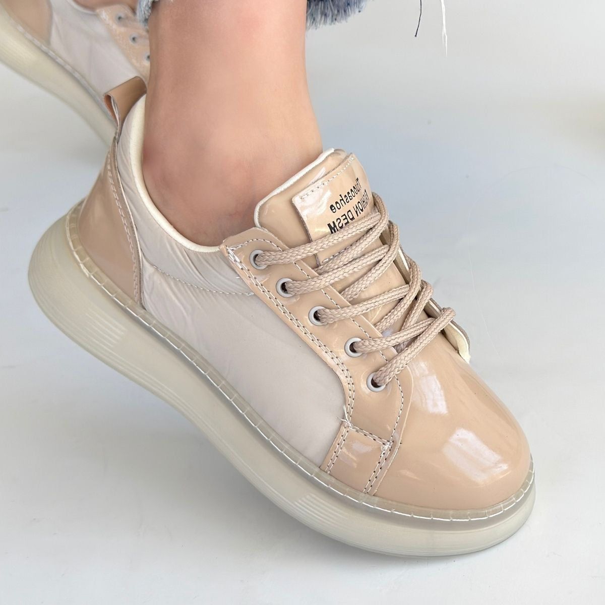 Women's Beige Patent Leather Lace-Up Sneakers - STREETMODE ™
