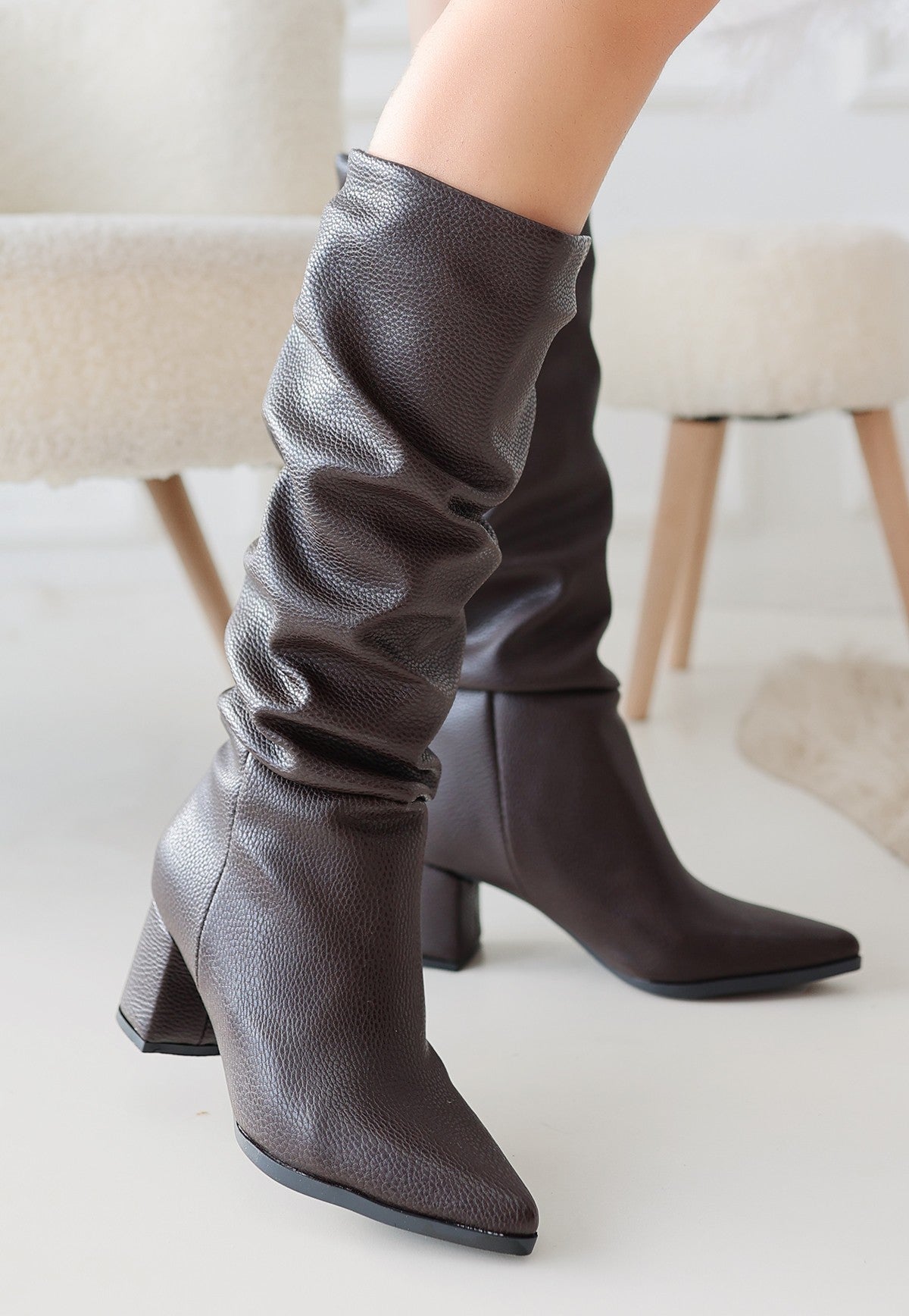 Women's Brown Leather High Heel Boots