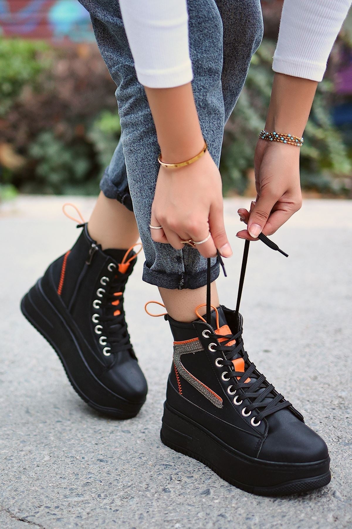 Women's Pone Black Skin Orange Detailed Lace Up Sneakers Boots - STREETMODE ™