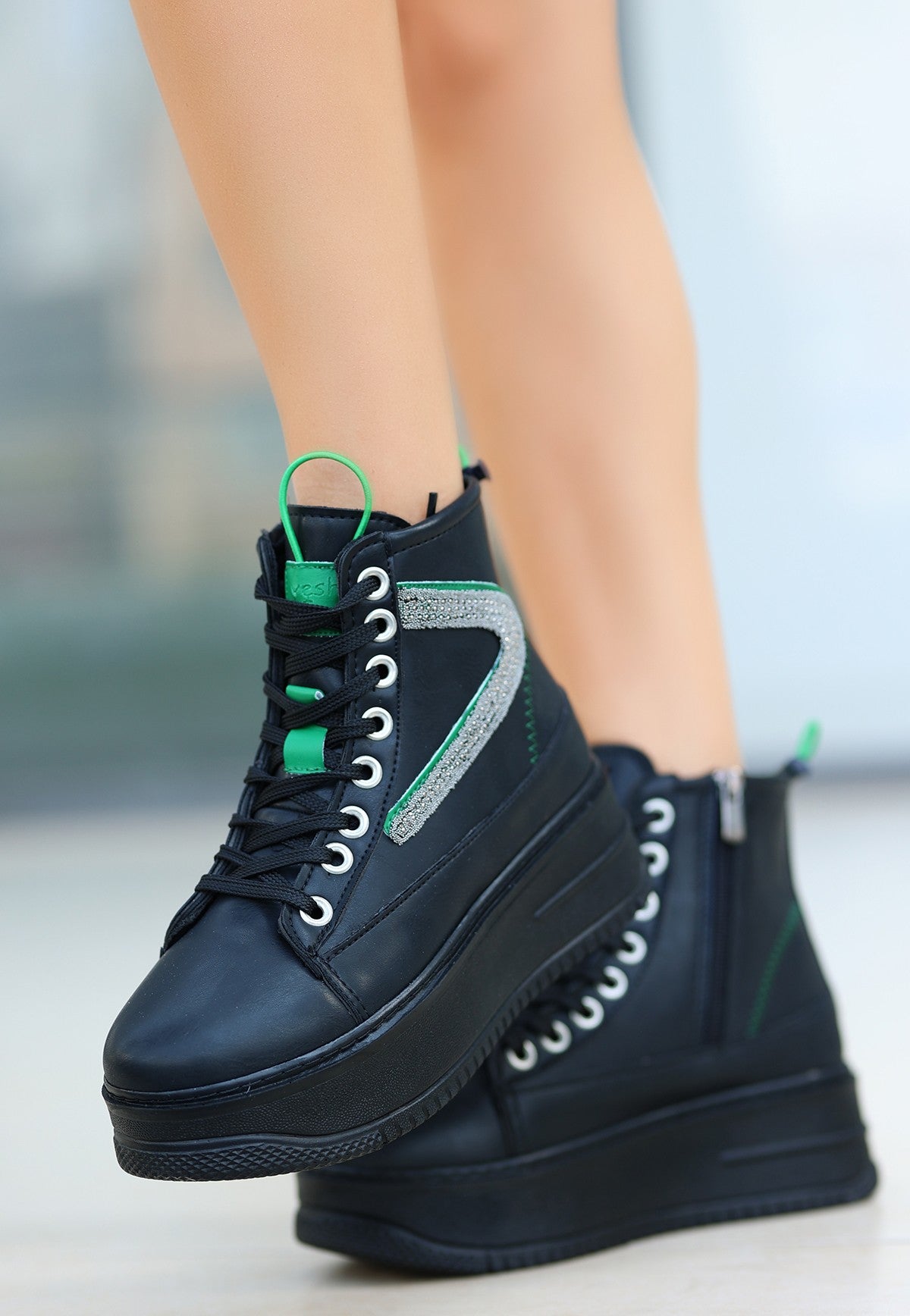 Women's Pone Black Skin Green Detailed Lace Up Boots - STREETMODE ™