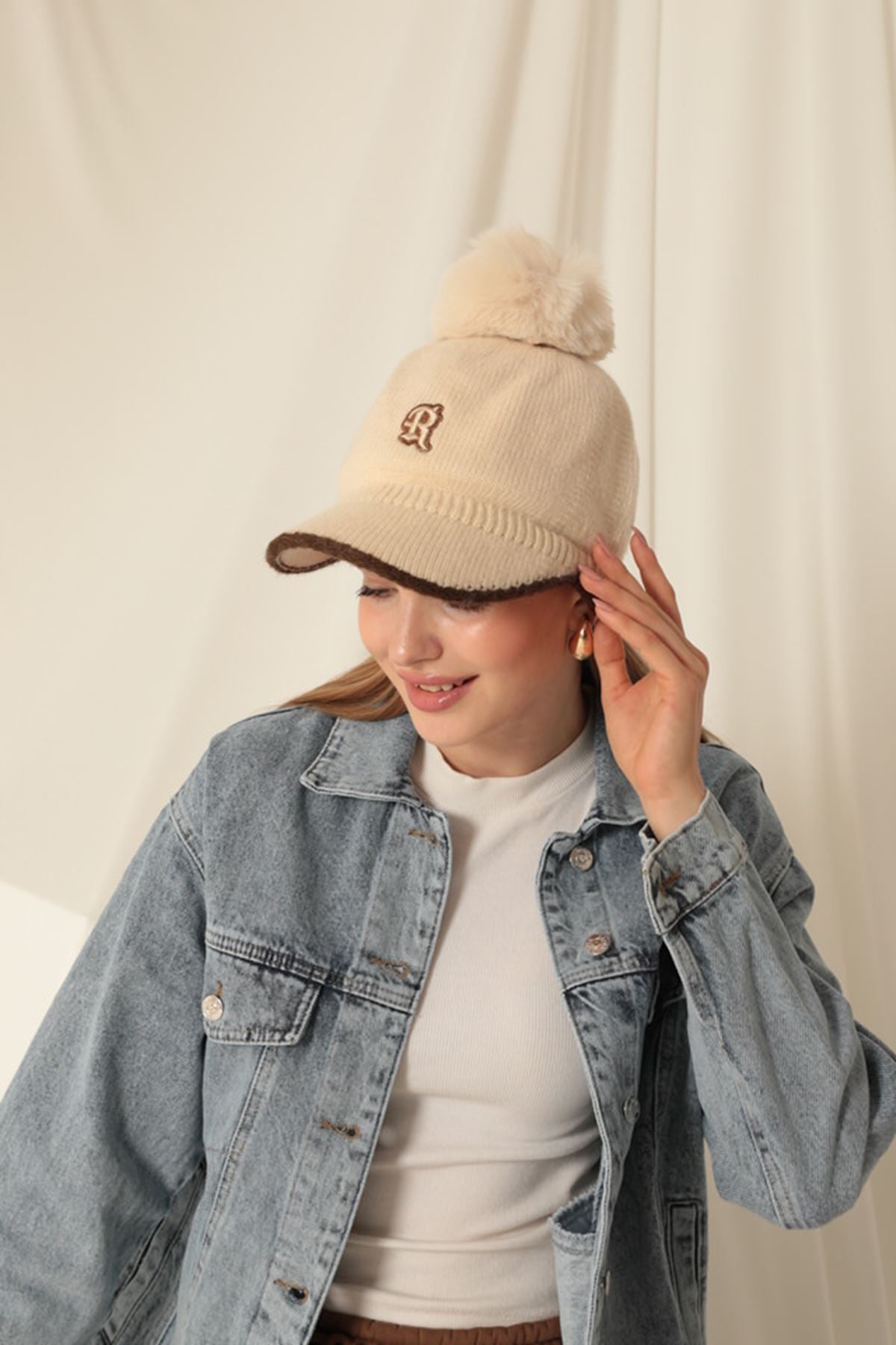 Pompom Embroidered Women's Beige Cap - STREETMODE ™