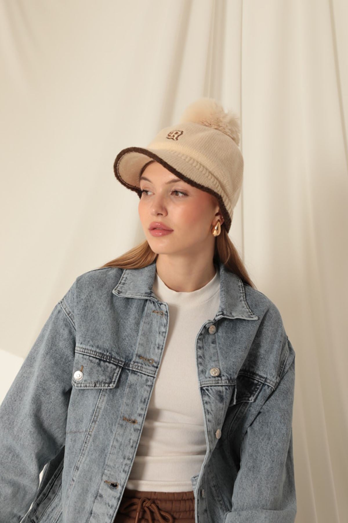 Pompom Embroidered Women's Beige Cap - STREETMODE ™