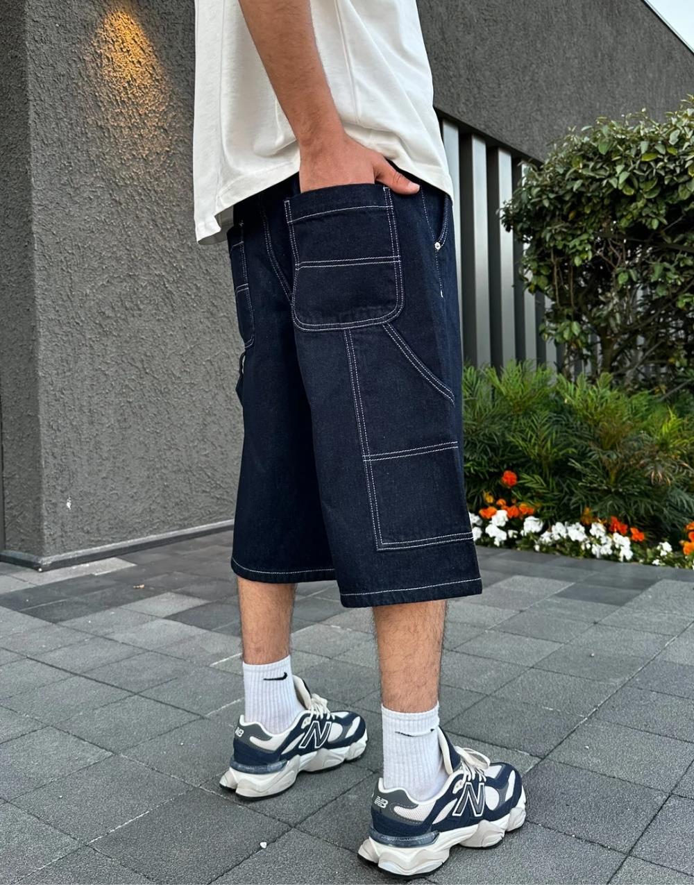 Men's Premium Baggy Long Denim Shorts Black - STREETMODE ™