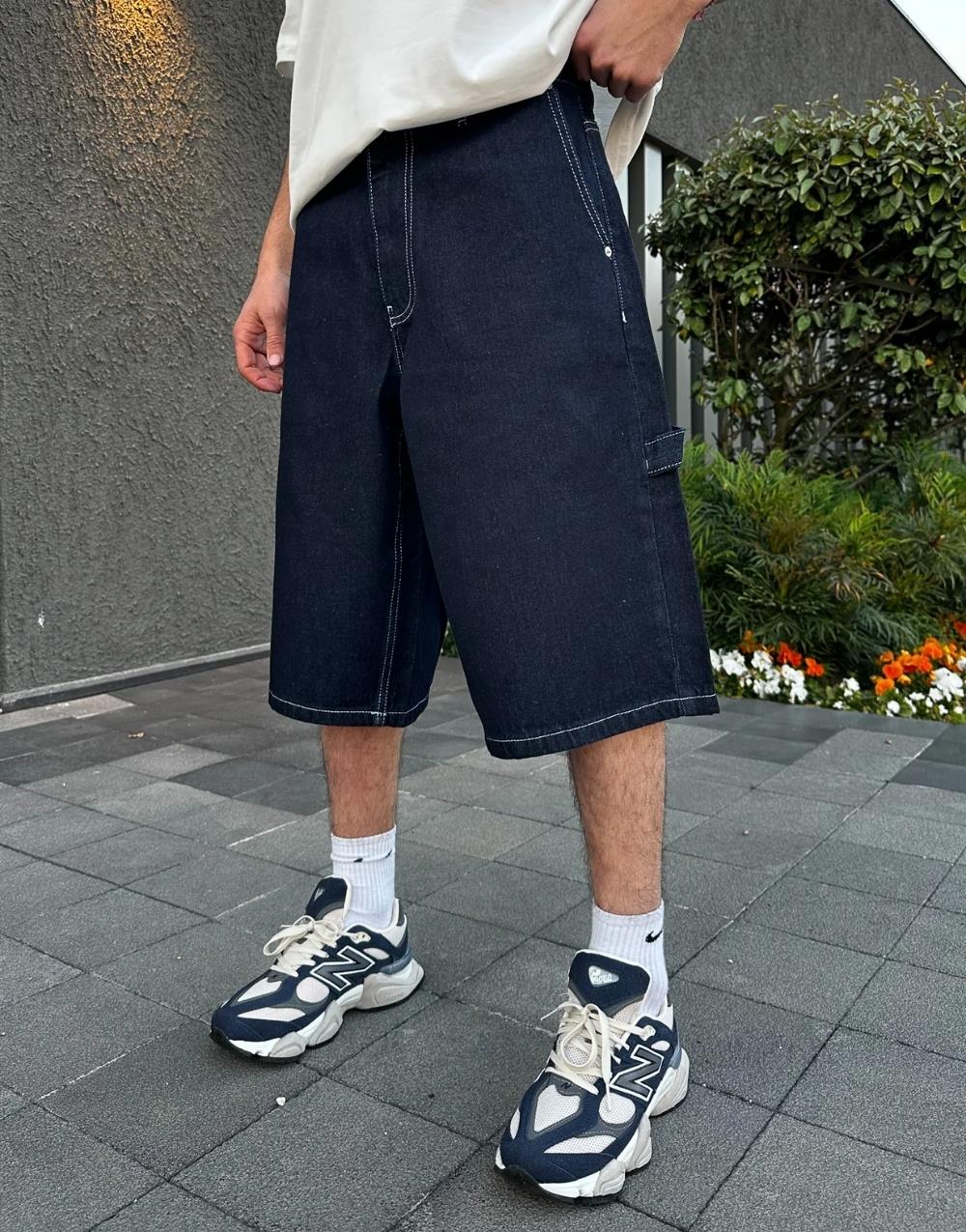 Men's Premium Baggy Long Denim Shorts Black - STREETMODE ™